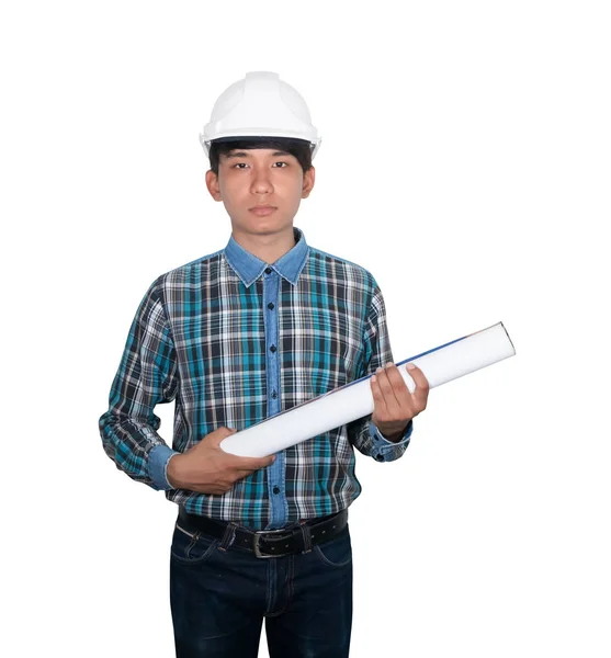 Ingeniero sosteniendo planos laminados inspeccionar la construcción sobre fondo blanco —  Fotos de Stock