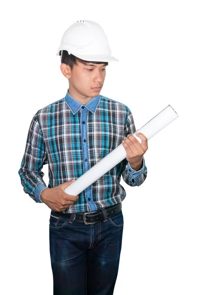 Ingeniero sosteniendo planos laminados inspeccionar la construcción sobre fondo blanco —  Fotos de Stock