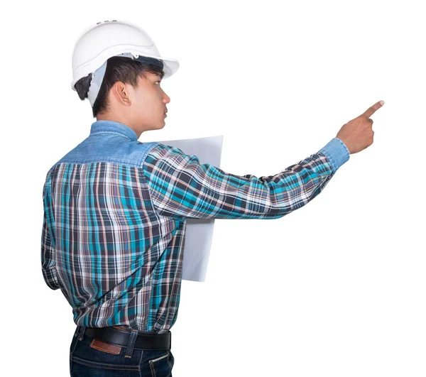 Punta de dedo ingeniero con la celebración de planos laminados inspeccionar sobre fondo blanco — Foto de Stock