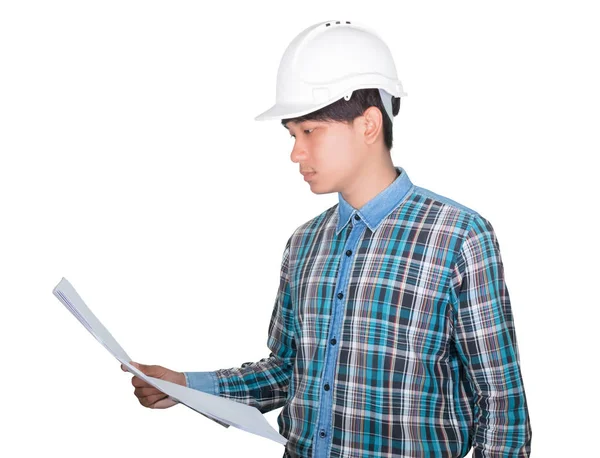 Ingeniero sosteniendo planos laminados inspeccionar la construcción sobre fondo blanco — Foto de Stock