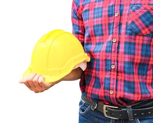 Engineer hold yellow safety helmet plastic construction — Stock Photo, Image