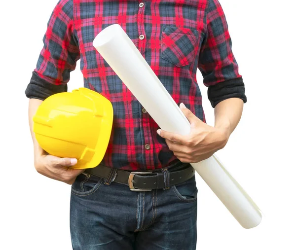 Inżynier trzymać bezpieczeństwa żółty kask plastik i plan — Zdjęcie stockowe