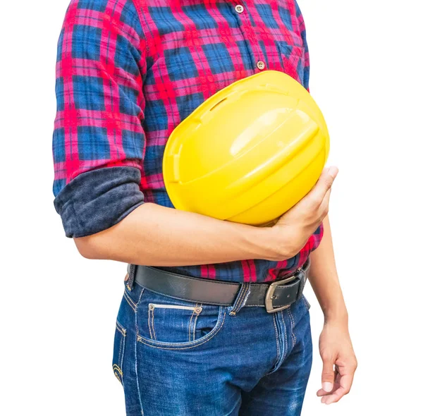 Ingenieur hält gelben Schutzhelm Kunststoffkonstruktion — Stockfoto