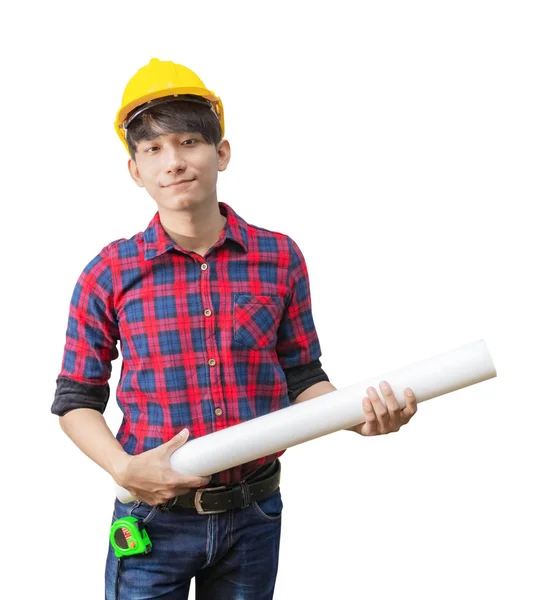 Engenheiro sorriso com segurando rolou plantas inspecionar fundo branco — Fotografia de Stock