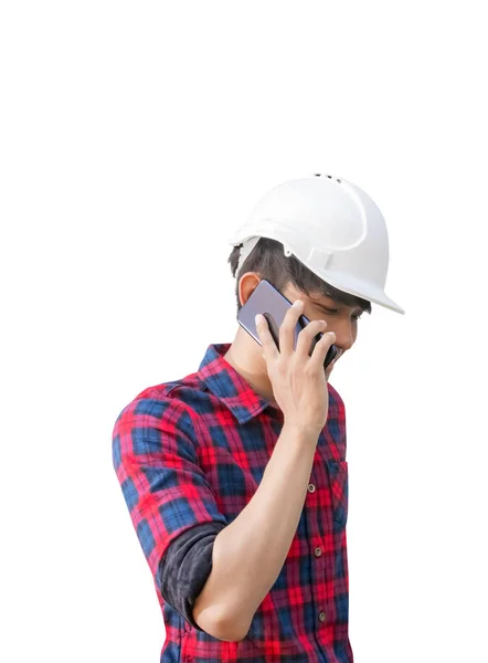 Mão de engenheiro usando telefone celular fundo branco — Fotografia de Stock