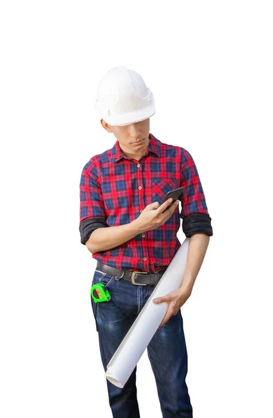 Engineer using cell phone with hand holding rolled blueprints white background — Stock Photo, Image