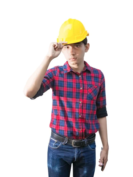 Engenheiro mão pegar segurar o plástico capacete de segurança amarelo na cabeça. mostrando no fundo branco — Fotografia de Stock