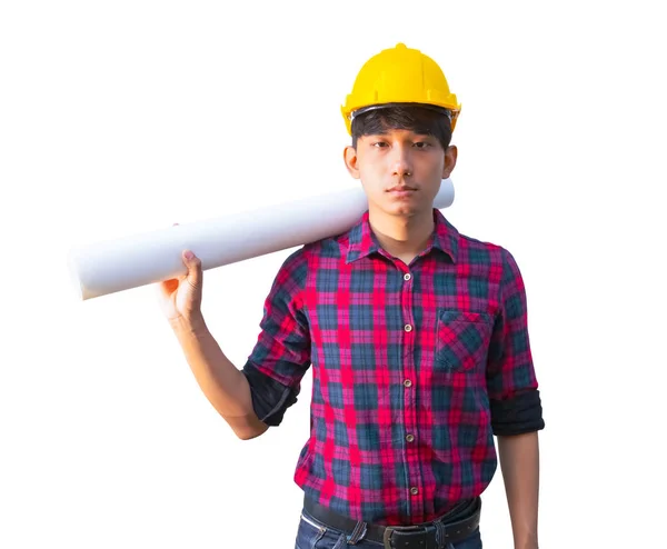 Engineer holding rolled blueprints construction on shoulder showing on white background — Stock Photo, Image