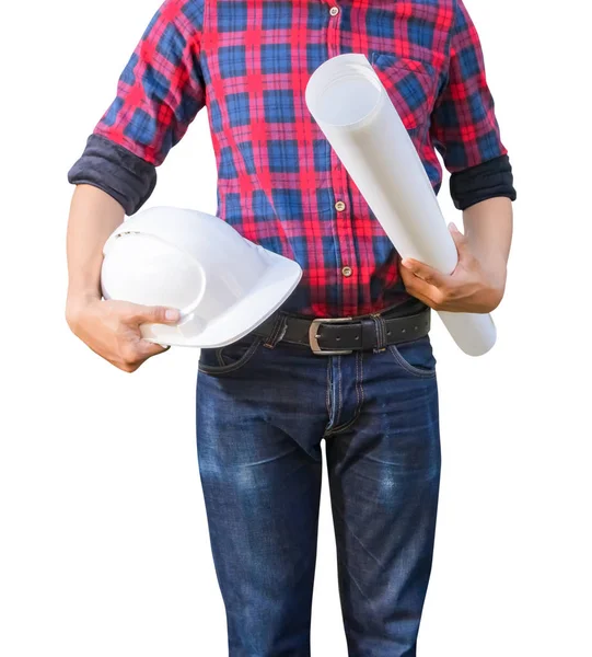 Engineer hold safety helmet plastic and blueprint construction showing on white background — Stock Photo, Image