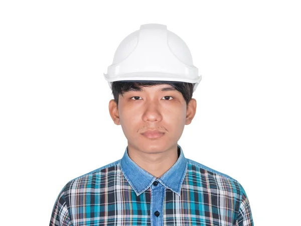 Μηχανικός Κατασκευή Και Φορούν Λευκό Κράνος Ασφαλείας Πλαστικό Λευκό Φόντο — Φωτογραφία Αρχείου