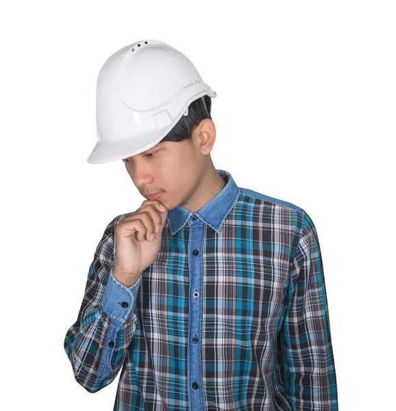 Ingeniero Construcción Hombre Pensando Usar Casco Seguridad Blanco Plástico Sobre — Foto de Stock