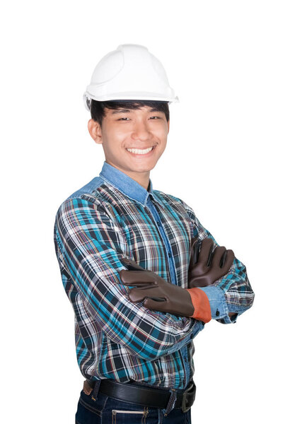 Engineering smile construction arm cross on chest  on white background