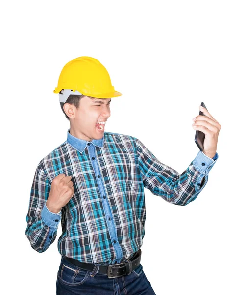 Επαγγελματίας μηχανικός ομιλία εντολή με κινητό τηλέφωνο με 5g δίκτυο σε λευκό φόντο — Φωτογραφία Αρχείου