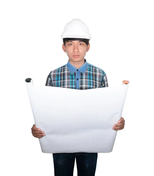 Engenheiro segurando plantas laminadas inspecionar construção em fundo branco — Fotografia de Stock