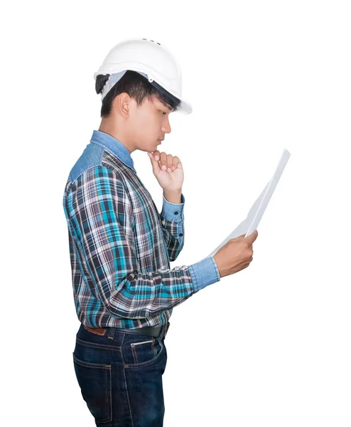 Inżynier gospodarstwa walcowane plany kontroli budowy na białym tle — Zdjęcie stockowe