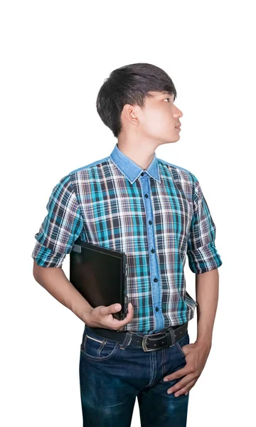 Empresario joven hold ordenador portátil sobre fondo blanco — Foto de Stock