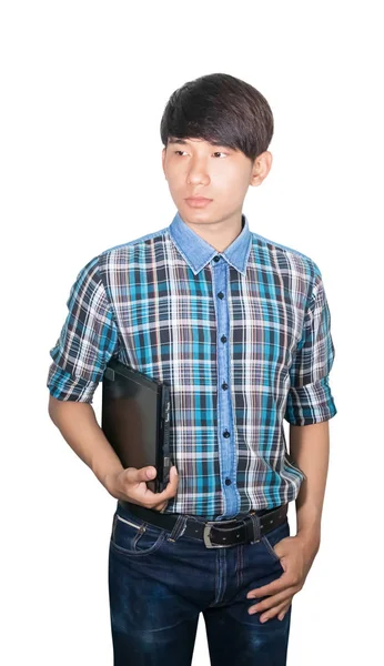 商人年轻持有笔记本电脑在白色背景 — 图库照片