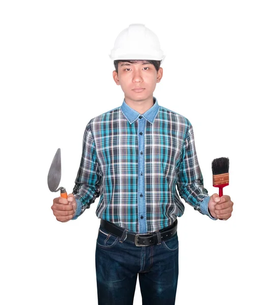 Hand of engineer holding Triangle trowel and paint brush white background Royalty Free Stock Photos