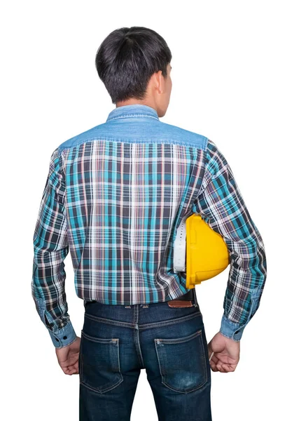 Ingeniero de negocios sostiene casco de seguridad amarillo plástico — Foto de Stock