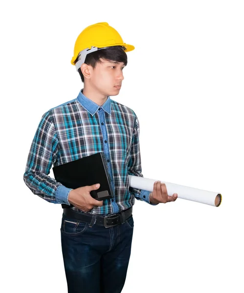 Businessman young hold Laptop computer and rolled blueprints — Stock Photo, Image