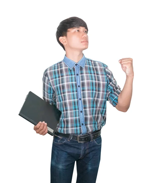 Бізнесмен впевнений, що молодий використовує комп'ютерний ноутбук і підняв руку на білому — стокове фото
