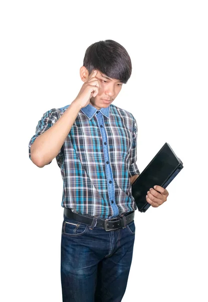 Empresario joven mantenga ordenador portátil en el pensamiento Ideas estrategia de trabajo — Foto de Stock