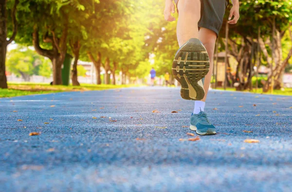 달리기 조깅 운동 고양 다리와 건강을위한 발은 트랙 고무 공공 공원에서 체중 개념을 잃는다. — 스톡 사진