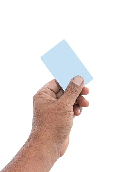 Mão esquerda para segurar o cartão de crédito azul, papel em branco no branco — Fotografia de Stock
