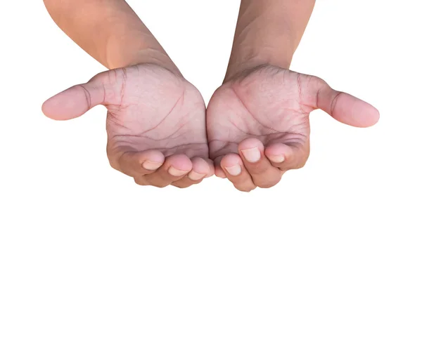 Dos manos sosteniendo algo. palma abierta masculina nada extendido sobre fondo blanco — Foto de Stock