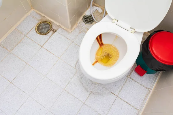 Vaso sanitário tigela branca cerâmica cheia de urina na sala de banheiros público — Fotografia de Stock