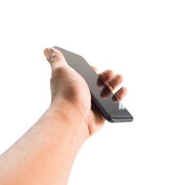 Sol el cep telefonu beyaz arkaplanda izole edilmiş.