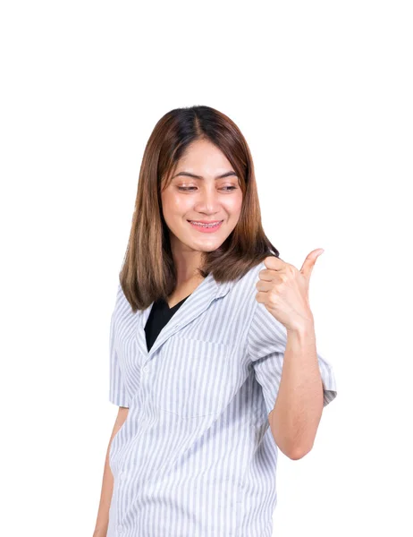 Mulher Polegar Para Cima Fundo Branco — Fotografia de Stock