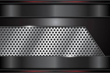 Soyut metal karbon dokusu ve krom levha deliklerindeki kırmızı çizgi modern arkaplan. vektör illüstrasyonu