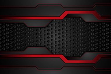 Metal plaka siyah ve kontrastlı kırmızı çelik ızgarada. Modern teknoloji tasarım arka planı şablonu. vektör illüstrasyonu