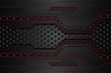 Metal plaka siyah ve kontrastlı kırmızı çizgiler çelik ağ üzerinde. Modern teknoloji tasarım arka planı şablonu. vektör illüstrasyonu