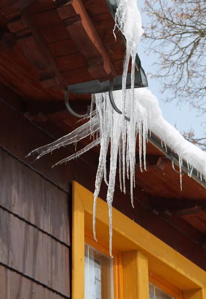 Lot Long Icicles Hanging Roof Cottage — Stock Photo, Image