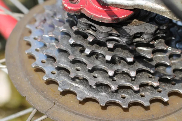 Foto Perto Uma Unidade Engrenagem Bicicleta Montanha — Fotografia de Stock