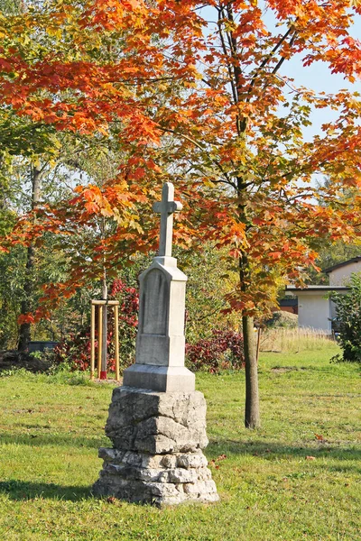 オストラヴァ Hrabova チェコ共和国の墓地の紅葉の木の前で古い墓石 — ストック写真