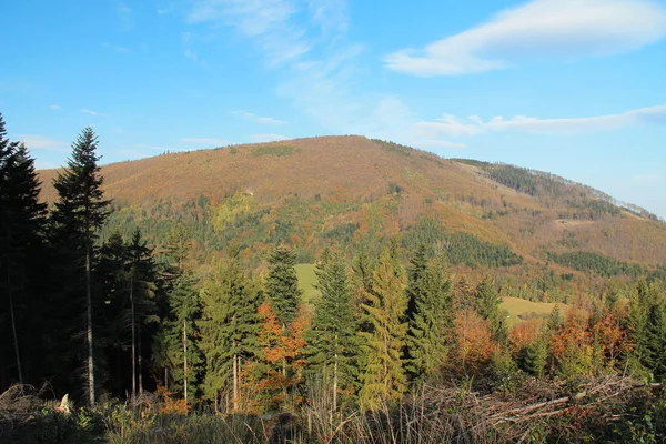 Paysage Montagnes Beskydy Avec Des Arbres Colorés Sur Les Collines — Photo