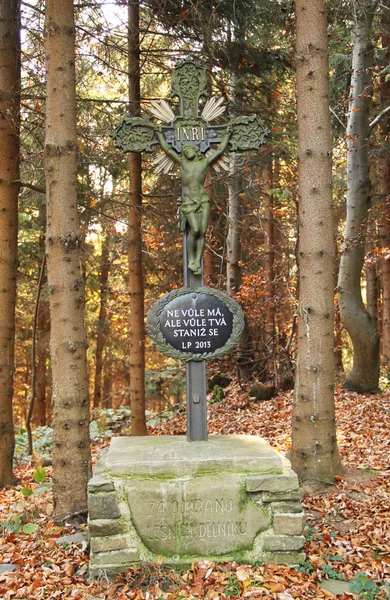 Vecchia Croce Ferro Con Gesù Preghiera Scritta Nella Foresta Montagne — Foto Stock