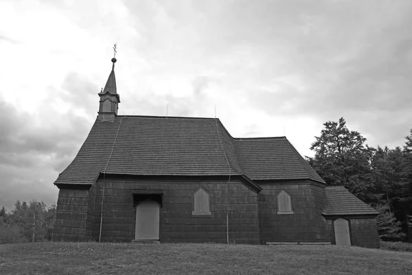 Photo Noir Blanc Une Vieille Église Bois Sur Prasiva Montagnes — Photo