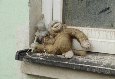 dirty damaged toy monkey left on the window of abandoned house clipart