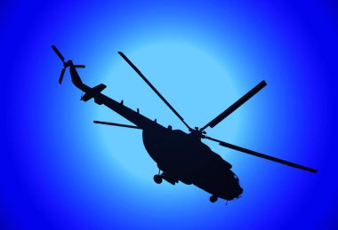 silhouette askeri helikopter Mi-17 ve dolunay illüstrasyon mavi tonlarında gece