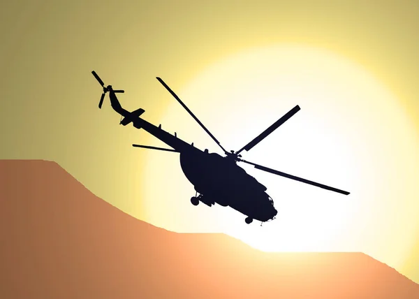 Silhouette Dell Elicottero Militare Che Sorvola Deserto Tramonto — Foto Stock