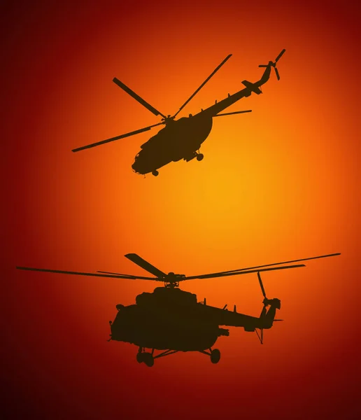 Silhouette Nere Elicotteri Militari Russi Sul Cielo Arancione Durante Tramonto — Foto Stock