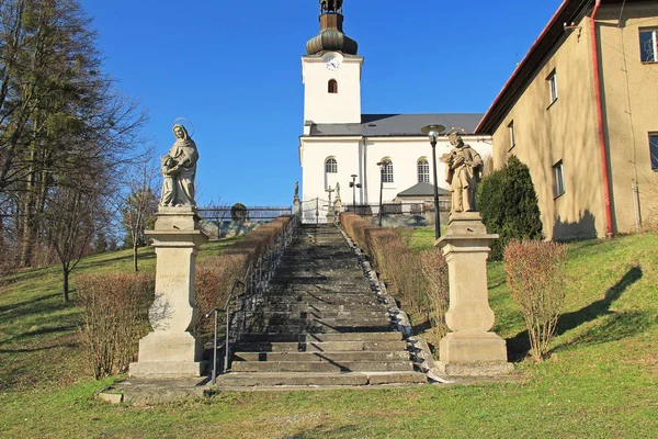 Régi Szobrok Lépcsőn Templom Bruzovice Csehország — Stock Fotó