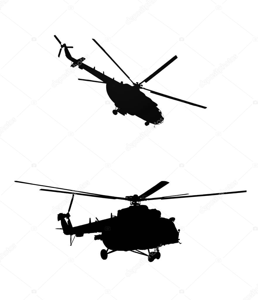 Silhouettes of russian military helicopters Mi-24 and Mi-17 on white background