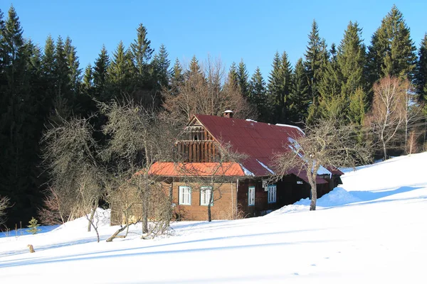 Old Wooden Cottage Beskydy Mountains Czech Republic Sunny Winter Day — Stock Photo, Image