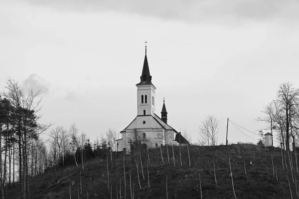 Black White Photo Small Church Malenovice Czech Republic — Stock Photo, Image