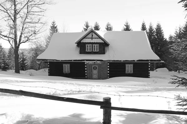 Black White Photo Beautiful Old Wooden Cottage Beskydy Mountains Winter — Stock Photo, Image